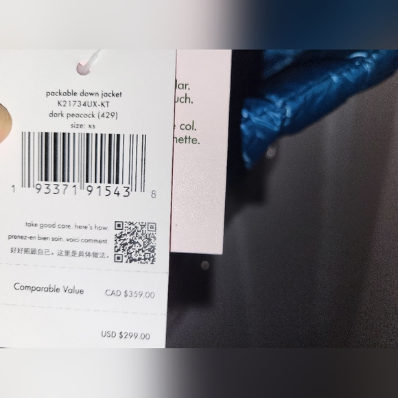 NWT KATE SPADE Packable Down Jacket size XS Peacock Blue - Picture 8 of 14